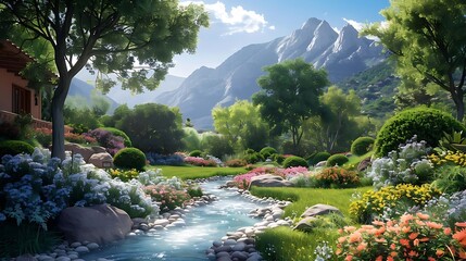 Canvas Print - A serene landscape featuring a flowing stream, vibrant flowers, and majestic mountains in the background.