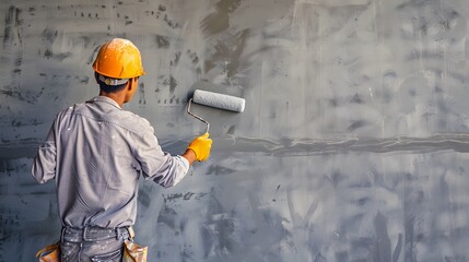 Building contractor painting grey wall with roller brush, copy space text. Construction worker renovating house. 