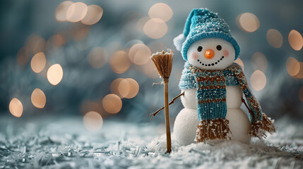 Merry christmas snowman holding broom, hello winters, greeting and Happy new year background festive holidays , welcome winters, cards , banners 