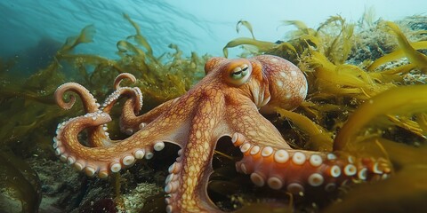 Canvas Print - Octopus among the seaweed at the bottom of the ocean 