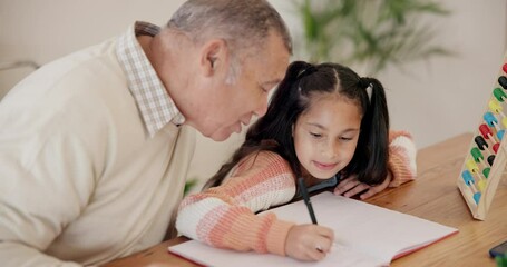 Sticker - Grandfather, grandchild and writing homework with helping, talking and learning for education at dining table. Family, senior man and girl child with homeschooling, communication and care at home