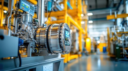 Wall Mural - A wide-angle view of an industrial setting with a hydrogen-powered furnace as the central focus. The scene includes various machinery and equipment in the background, with the furnace is sleek design