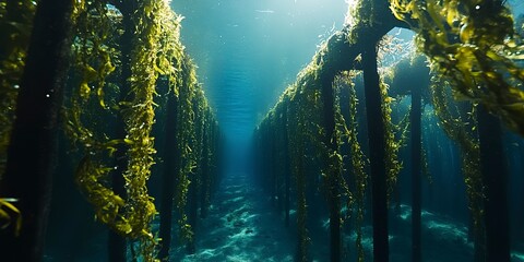 Sticker - Sunlight bathes an underwater seaweed farm, rows of vibrant greenery showcasing sustainable harvesting by divers and machines in blue waters. 