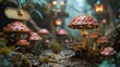 © fotofabrika - Enchanted Forest Scene Portraying Colorful Mushrooms and Lanterns at Twilight