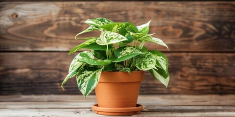 Poster - Tropical Epipremnum Aureum Marble Queen Pothos Houseplant with Variegated White Leaves in a Flower Pot on a Wooden Table