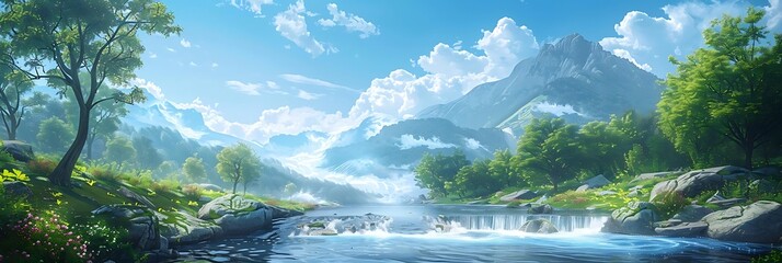 Wall Mural - A serene landscape featuring a river, mountains, and lush greenery under a bright sky.