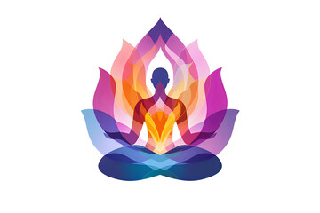 Wall Mural - Abstract illustration of a person meditating in a lotus position, surrounded by colorful overlapping lotus petals, isolated on a white background. Ideal for wellness, meditation, yoga studios