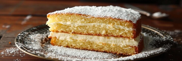 Canvas Print - Slice the sponge cake filled with sweet curd and generously dust with icing sugar for a delightful dessert.