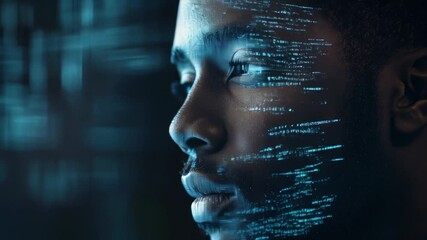 black man with projection of digital code on face,technology and future.Dark background.Concept of digital future,learning with artificial intelligence, digital technical education.