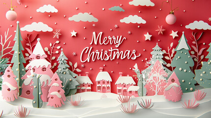 papercut 3d white art of reindeers, fir trees , stars and snow with Merry christmas text greeting and Happy new year on red background festive holidays , welcome winters, cards , banners 