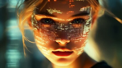blonde girl with color projection of digital code on face,technology and future.Dark background.Concept of digital future,learning with artificial intelligence, digital technical education.