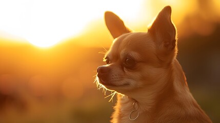 Wall Mural - Beautifully lit Chihuahua against a sunset backdrop  AI generated illustration