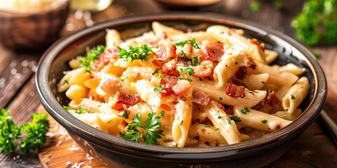 Wall Mural - Creamy penne pasta with savory bacon topped with fresh parsley The perfect blend of luscious sauce and crispy bacon for a flavorful dining experience