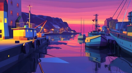 Busy harbour at dusk illustrated in a 3D  style  AI generated illustration