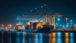 © NATTAWUT - Illuminated port terminal with a cargo ship and stacked containers at night