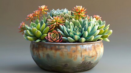 Canvas Print - A vibrant arrangement of various succulents in a decorative pot, showcasing their beauty and diversity.