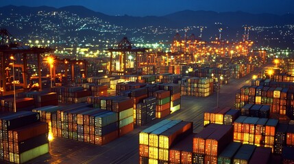 Stacks of containers at a port terminal glowing under nighttime lights