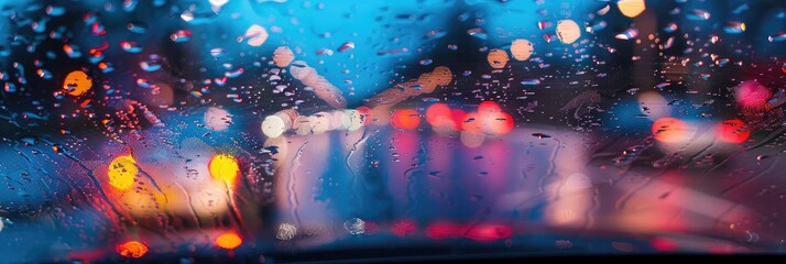 Wall Mural - Nighttime Driving in Rain with Blurred Visibility and Captured Raindrops on Glass