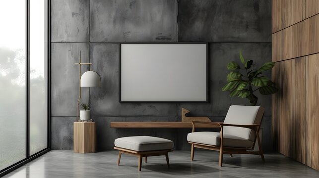 Cinema poster of relative modern design in a traditional wooden frame set in a room with minimal decoration  AI generated illustration