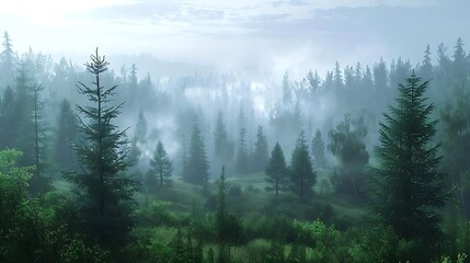 Canvas Print - A serene forest landscape shrouded in mist, showcasing lush greenery and tall trees.