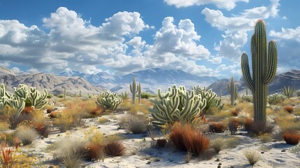 Canvas Print - A vibrant desert landscape with cacti, shrubs, and mountains under a bright sky.