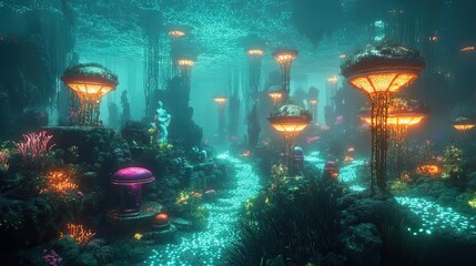 Wall Mural - Underwater Forest with Glowing Bioluminescent Plants and Structures