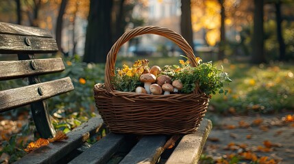 Sticker - Wicker Basket Filled with Mushrooms and Herbs on a Park Bench