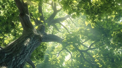 Canvas Print - A serene view of a lush tree canopy with sunlight filtering through the leaves.