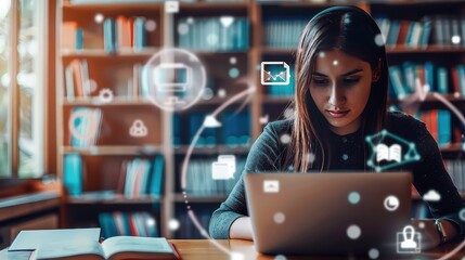 Poster - A woman wearing headphones, sitting at a desk in front of a laptop, with white icons around her. She is working on a project in a library with a bookshelf behind her.