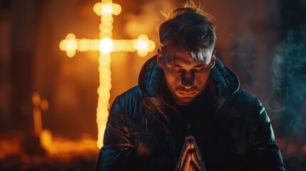 Devout Man Praying Before a Cross with Empty Space for Text