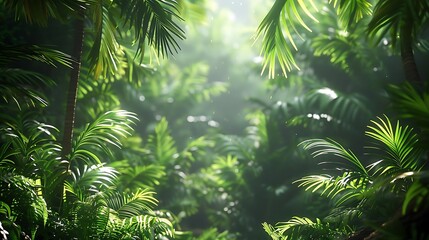 Wall Mural - A lush green tropical forest with vibrant palm leaves and soft sunlight filtering through the trees.