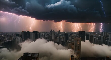 Wall Mural - Thunderstorm in sky over metropolis 4k animation