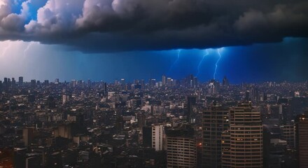 Wall Mural - Thunderstorm in sky over metropolis 4k animation