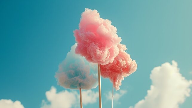 Cinematic shot of pastel colored candy floss on a stick against a blue sky  AI generated illustration