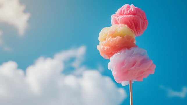 Cinematic shot of pastel colored candy floss on a stick against a blue sky  AI generated illustration