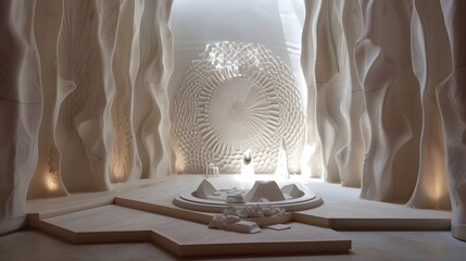 Cinematic stage adorned with intricate minimal gypsum sculptures  AI generated illustration