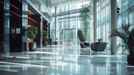 Wall Mural - Cinematic view of an ultra-modern business center lobby  AI generated illustration