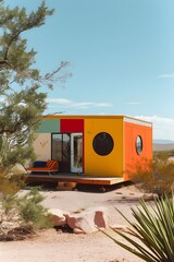 Wall Mural - Close-up of a colorful tiny house maintained in minimalistic design style located in a desert setting  AI generated illustration