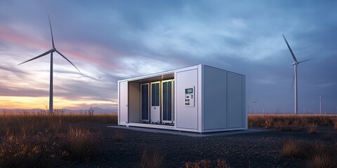 Canvas Print - The large cabinet for battery storage cabinet and charge control system receives electrical power from wind turbines and solar cells Farm 