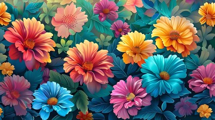 Canvas Print - A vibrant floral pattern featuring colorful flowers and lush leaves, perfect for backgrounds and designs.