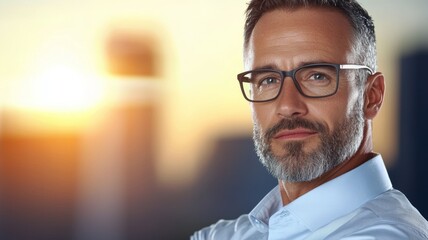 A man with glasses is standing in front of a city skyline