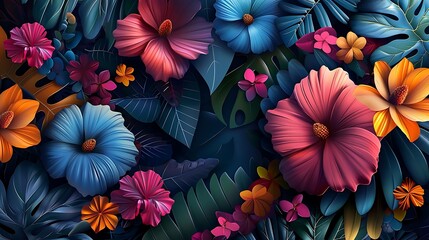 Poster - A vibrant arrangement of colorful flowers and leaves in a decorative design.