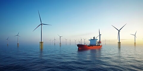 Wall Mural - Off shore wind energy power plant grid with vessel for servicing or observation