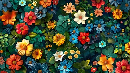 Canvas Print - A vibrant arrangement of colorful flowers and leaves, showcasing nature's beauty in a decorative design.