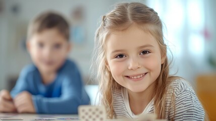 Poster - A young girl is smiling and sitting at a table with a boy