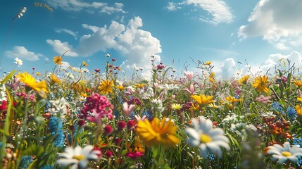 Wall Mural - A vibrant field of colorful wildflowers under a bright blue sky with fluffy clouds.