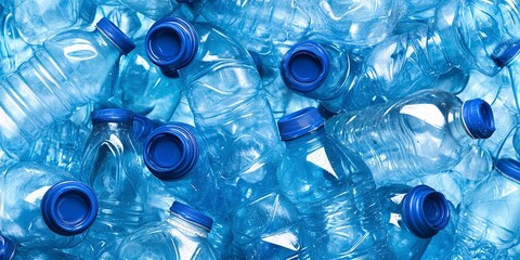 Poster - A pile of blue plastic water bottles with caps, showcasing waste and recycling concepts on a white background