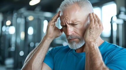 A man with a bald head and gray hair is wearing a blue shirt