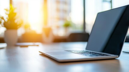 Wall Mural - A laptop is open on a table in front of a window