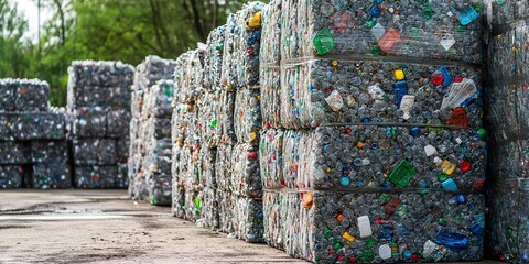 Poster - Bales of compressed plastic bottles stacked neatly, ready for further processing or transport